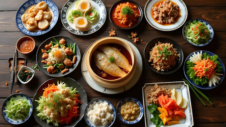 Korean traditional food, Kimchi and miso soup, top viewの素材