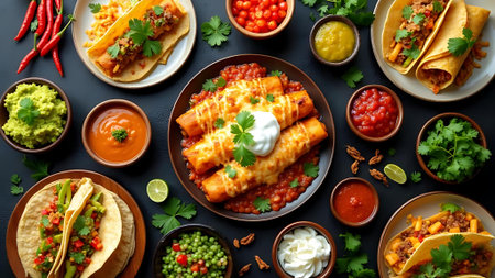 Traditional mexican enchiladas with salsa, guacamole, cheese and tortillasの素材