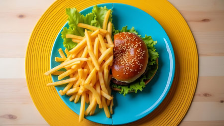 Cheese burger - American cheese burger with Golden French fries on wooden backgroundの素材