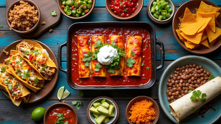 Mexican enchiladas with meat, cheese and vegetables on wooden backgroundの素材