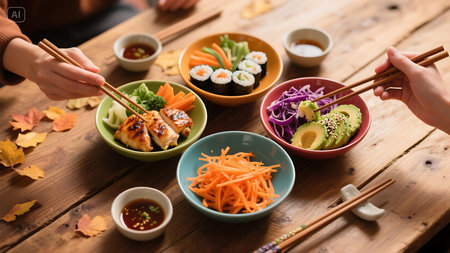 close up of female hands holding chopsticks and eating sushi at tableの素材
