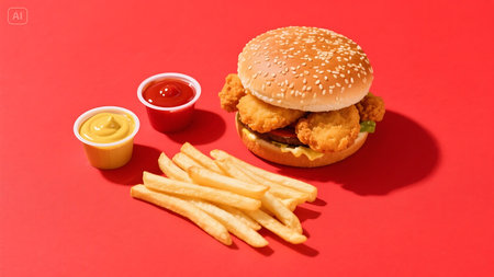 Hamburger with french fries and ketchup on a red backgroundの素材