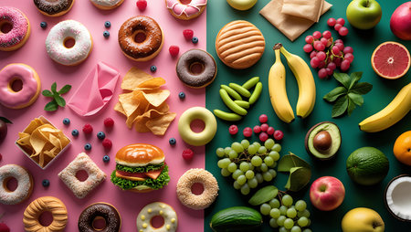 top view of delicious donuts, fruits and donuts on green backgroundの素材
