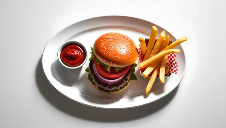Hamburger with french fries and ketchup on a white plateの素材