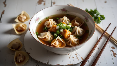 Chinese dumpling soup in a bowl on a white wooden backgroundの素材