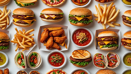 Seamless pattern with fast food. Top view of hamburgers, french fries, chicken nuggets and sauces in paper boxes on white backgroundの素材