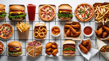 Fast food collage. Top view of hamburgers, french fries, fast food in paper boxes on white backgroundの素材