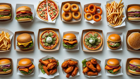 Top view of a variety of fast food on a wooden table.の素材