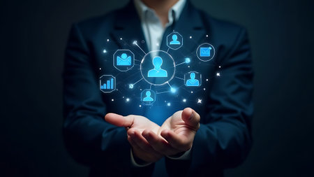 Businessman holding social network icons in his hands. 3D renderingの素材