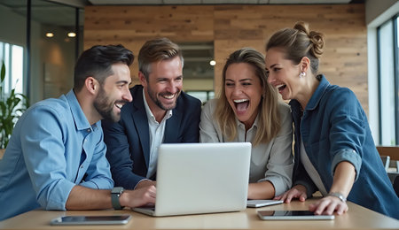 Group of happy business people working together on laptop computer in creative officeの素材