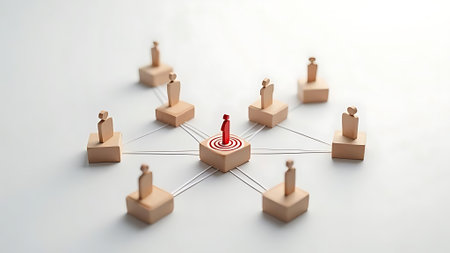 Conceptual 3D illustration of social network with people around target.の素材