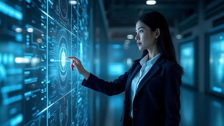 Businesswoman pressing high tech type of modern buttons on a virtual backgroundの素材
