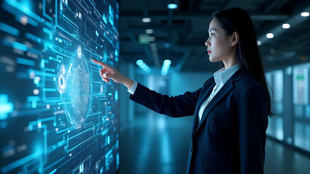 Attractive asian businesswoman touching icon of media screen. Mixed mediaの素材