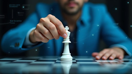 Businessman playing chess game on chessboard. Business strategy concept.の素材