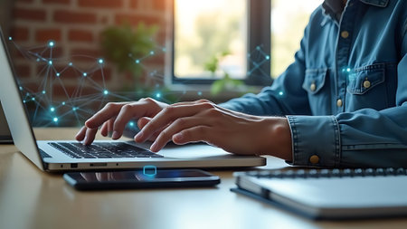 Close up of female hands typing on laptop keyboard at table in officeの素材