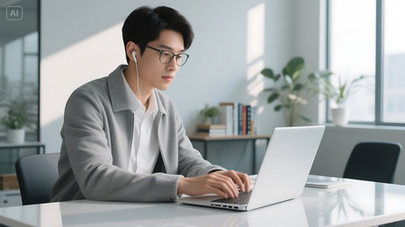 Young asian businessman working with laptop computer in modern office. Business and technology concept.の素材