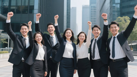 Group of asian business people celebrating success in the city with raised handsの素材