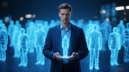 Businessman in suit holding hologram of human figure on dark backgroundの素材