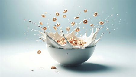 Cereal in milk splashing out of a bowl. 3d renderingの素材
