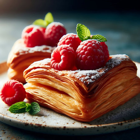 Delicious puff pastry with raspberries and mint. Selective focusの素材