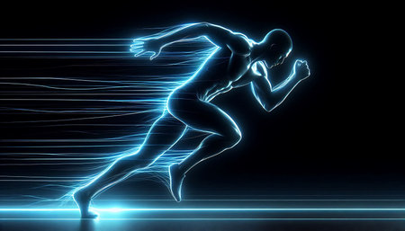 3d rendering of a male athlete running with neon lines in the backgroundの素材