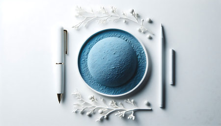 Blue plate, knife and fork on white background. Top view.の素材