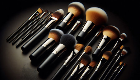 Makeup brushes on a black background. Top view. Copy space.の素材