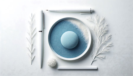 Top view of minimalistic table setting with blue marble ball on white backgroundの素材