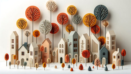 Paper town with autumn trees. Eco friendly concept. 3D Renderingの素材