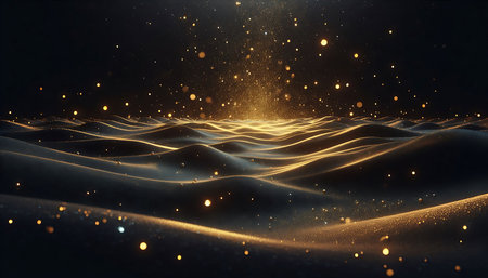 Abstract 3d rendering of wavy surface with golden particles. Futuristic background with glowing particles.の素材