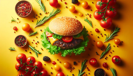 Delicious hamburger with ingredients on yellow background, top view. Vegetarian foodの素材