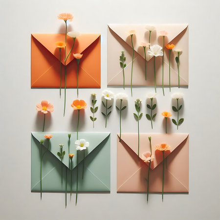 Envelopes with flowers on gray background. Flat lay, top viewの素材