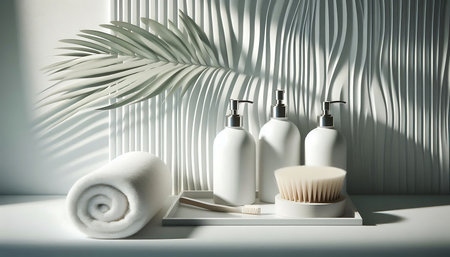 Spa still life with cosmetic products and tropical leaf. 3d renderingの素材