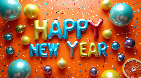 Happy New Year card with colorful balloons and confetti on orange backgroundの素材