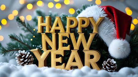 Happy New Year greeting card with golden text and Santa Claus hat on snowy background.の素材