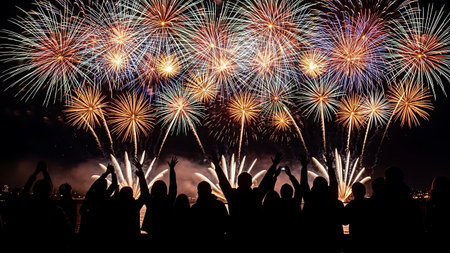 Beautiful colorful firework display for celebration happy new year and merry christmasの素材