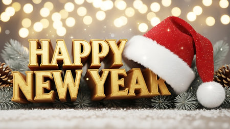Happy New Year greeting card with golden text and santa hat on bokeh backgroundの素材