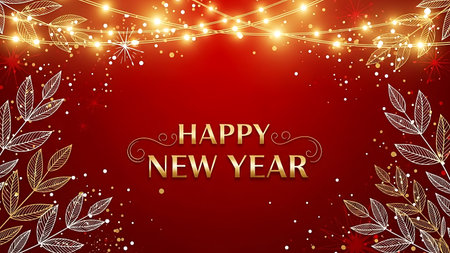 Happy New Year and Merry Christmas greeting card with golden garland lights on red background.の素材