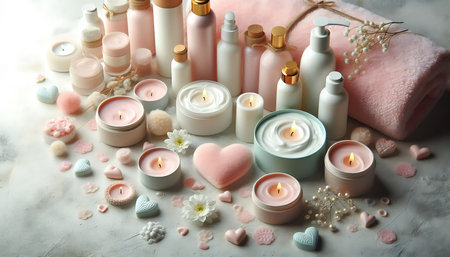 Beautiful spa composition with burning candles on light background, closeupの素材