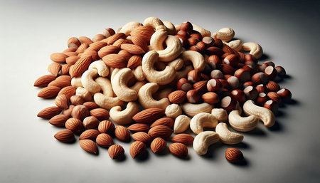 Healthy food background. Nuts mix on gray background. Top view.の素材