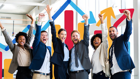 Group of happy business people celebrating success with rising arrow in the officeの素材