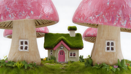 Mushrooms in the shape of a house on the green grassの素材