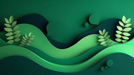 Abstract background with green leaves and waves. Paper cut style. Vector illustration.の素材