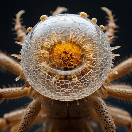 A closeup shot of a spider in a glass sphere on a black backgroundの素材