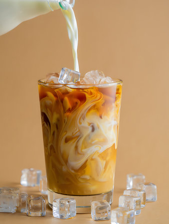 Iced coffee with milk splash and ice cubes on brown background.の素材