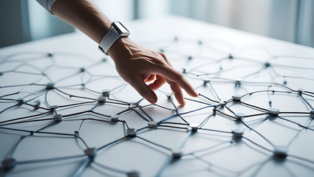 Close-up of human hand touching network on table. Technology conceptの素材