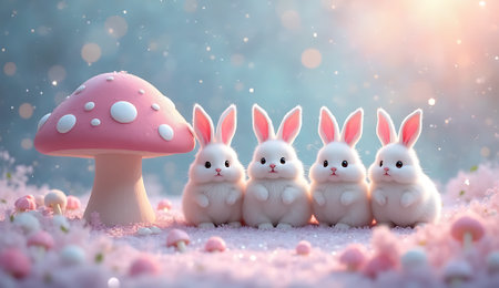 Cute Easter bunnies in the snow with bokeh backgroundの素材