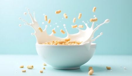 milk splash and cereal in white bowl on pastel blue backgroundの素材