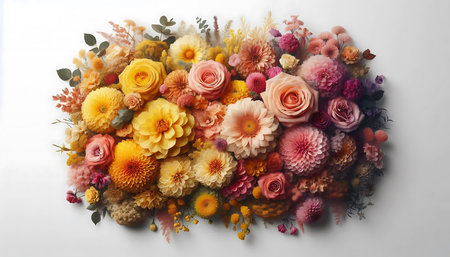 Beautiful bouquet of different flowers on white background, top viewの素材