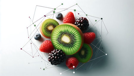 Composite image of kiwi, raspberries and blackberries against white backgroundの素材